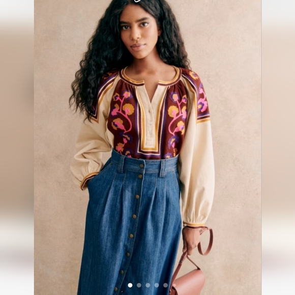 Sezane Tops - Sezane Saveria Cotton Embroidered Long Sleeve Peasant Blouse,  2/34, Cottagecore